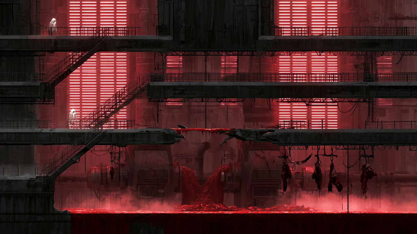 The pump hall of Sublevel B-17 in the editor: catwalks over pumps forcing blood into a flooded pit, carcasses on hooks, red light through the vents