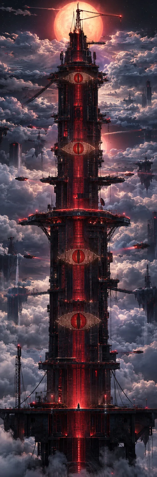 Chapter I of Lazarus, The Spire: a black tower of red-lit eyes rising out of a sea of cloud under a red moon