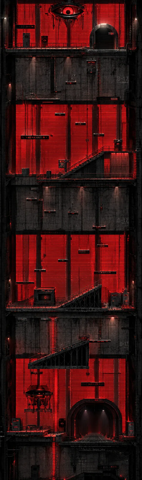 Chapter IV of Lazarus, Sublevel B-17: a concrete facility in cross-section, floors of red light, and a giant eye at the top